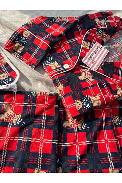 Serbella Plaid Red Tedy Patterned Knitted Flannel Pajamas Set