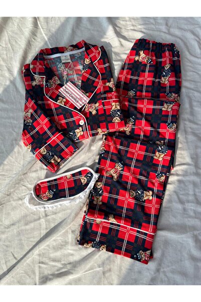 Serbella Plaid Red Tedy Patterned Knitted Flannel Pajamas Set