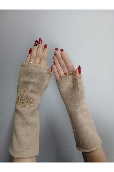 Gönülden Tasarım Cream Color Embroidery Embroidery Cashmere Women's Long Fingerless Gloves