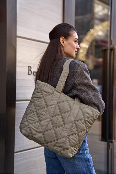 Madamra Khaki Women's Quilted Pattern Puff Bag