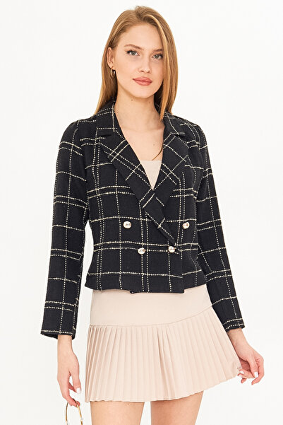 armonika Black-Beige Double Breasted Tweed Crop Women's Jacket - Arm-24K 001014