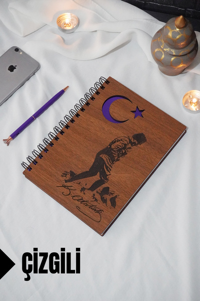 Kemal Atatürk Temalı Ahşap Kapaklı Defter - Çizgili Defter - Ajanda - Okul Defteri (A5 - 120 Sayfa)