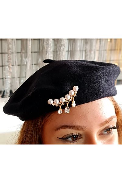 SE Jewellery Black Women's Pearl Embellished Brooch Detailed Painter Beret Hat