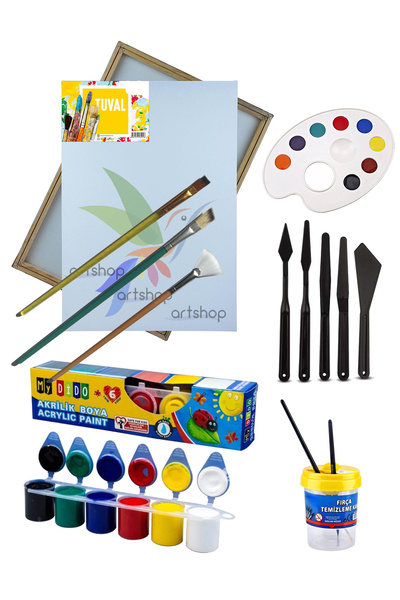 Artshop 25x35cm Tuval, 6lı Akrilik Boya, Yelpaze Kesik Düz Uçlu Fırça, Su Kab...