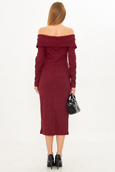 armonika Women's Burgundy Off Shoulder Front Zip Slit Midi Length Knitwear Dress Arm-25K 001089