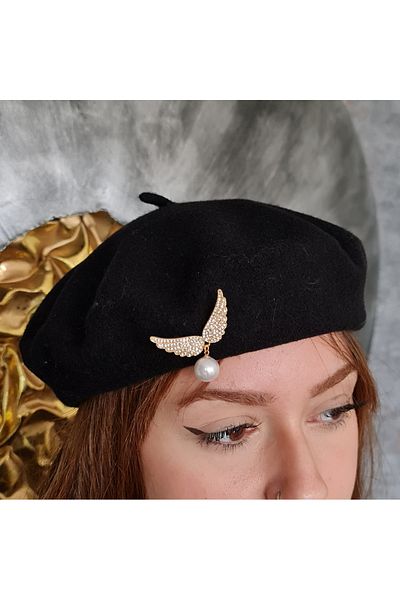 SE Jewellery Black Women's Wing Brooch Detailed Painter Beret Hat