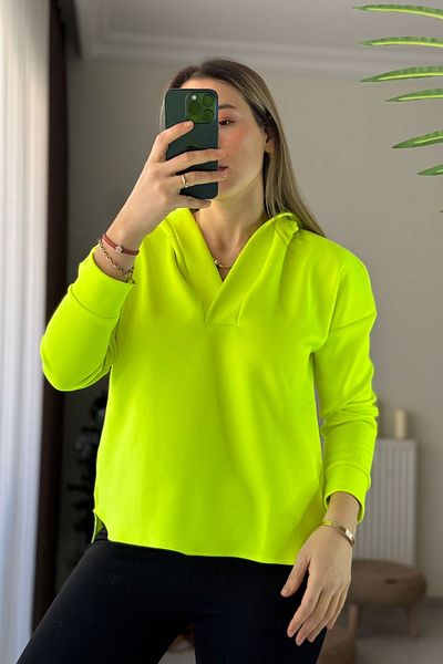 Kubos Moda Polo Neck Hooded Oversize Neon Green Scuba Sweatshirt