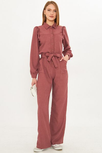 armonika Dusty Rose Velvet Jumpsuit - Front Button and Belt with Pockets Arm-25K 001084
