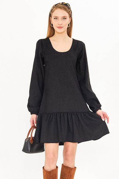 armonika Black Velvet Short Dress - U-Neck, Ruffle Hem, Elastic Sleeves Arm-25K 001086