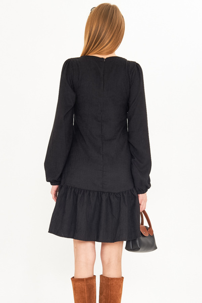 armonika Kadın Siyah U Yaka Etek Ucu Fırfırlı Kolları Lastikli Kadife Kısa Elbise ARM-25K001086