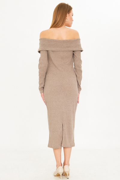 armonika Women's Mink Off Shoulder Front Zip Slit Midi Length Knitwear Dress Arm-25K 001089