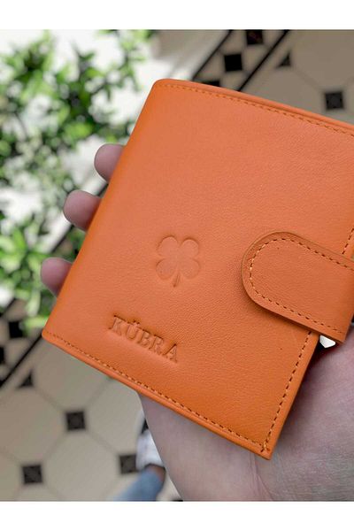 VİSSO Unisex Orange Color Genuine Leather Wallet Purse - 112 Orange Clover Logo