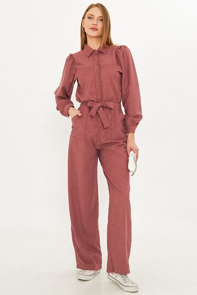armonika Dusty Rose Velvet Jumpsuit - Front Button and Belt with Pockets Arm-25K 001084