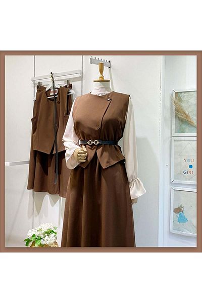 Faya Boutique Bitter Coffee Suit with Belt Detail Asymmetrical Cut Vest