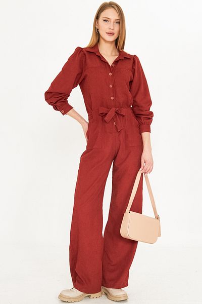 armonika Women's Tile Front Button Pocket Belted Velvet Jumpsuit Arm-25K 001084