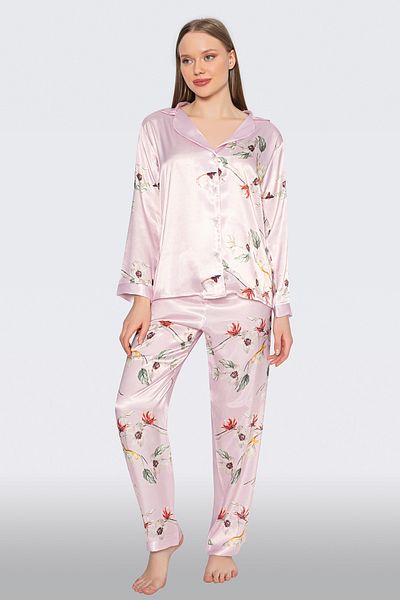 JENİKA Set pijama roz cu mâneci lungi din satin cu model de flori