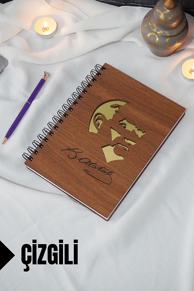 markcat Caiet cu copertă din lemn cu dungi tematice Kemal Atatürk - pentru agendă și școală (A5 - 120 coli)