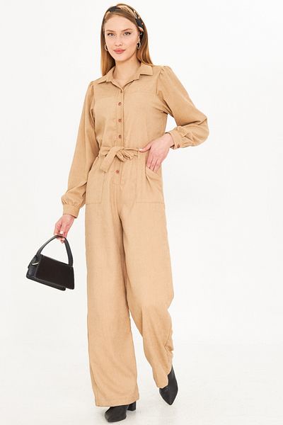 armonika Beige Velvet Jumpsuit - Front Button, Pocket and Belt Arm-25K 001084