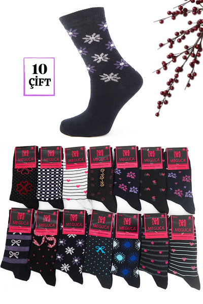 Meguca Socks KADIN Çok Renkli Soket Çorap (10 ÇİFT) Likralı Pamuklu Penye Uzu...