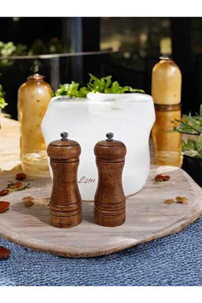 lstri Ahşap Baharat Tuz Öğütücü Değirmen Tuzluk Baharatlık 14 Cm 2'li Set Kah...