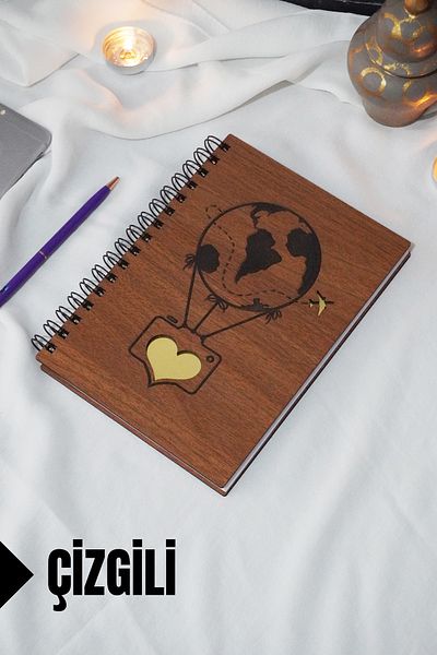 markcat Flying Balloon Themed Lined Notebook with Wooden Cover - Agenda/school Notebook (A5 - 120 Pages)