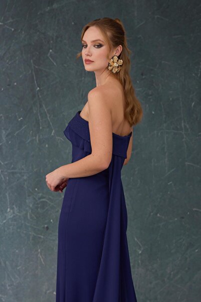 Carmen Lacivert Straplez Kuyruklu Şifon Abiye Elbise