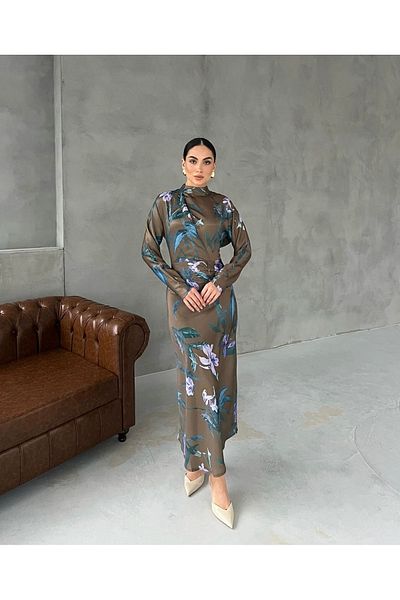 Afiş Butik Rochie din satin cu imprimeu flori liliac kaki