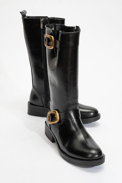 LuviShoes Γυναικείες μπότες GRAND Black Skin Gold Buckle