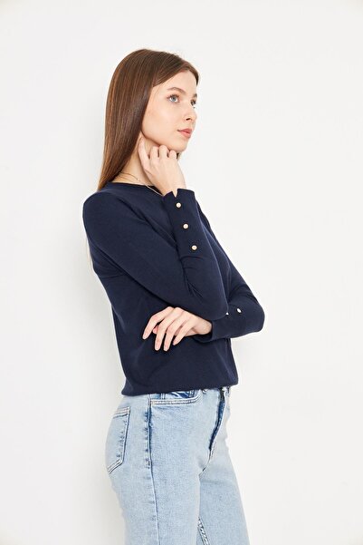 Irmak Kerekli Women's Navy Blue Crew Neck Sleeve Snap Fastener Knitwear Sweater 1060