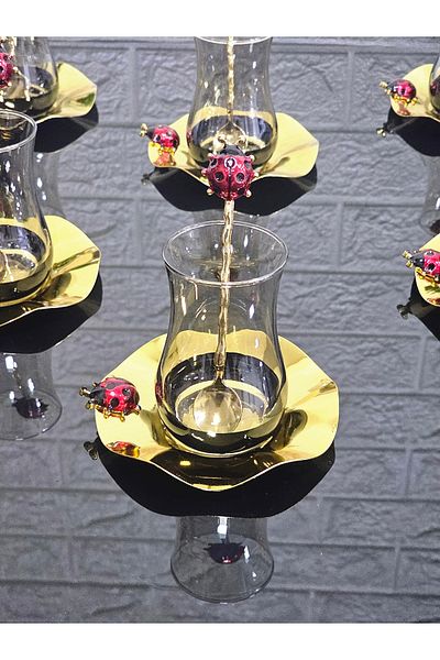 atabey home Smoked-Black Tee Set 18 Pieces Luxury Set with Cast Care & Metal Plate and Cherry Tee Spoon