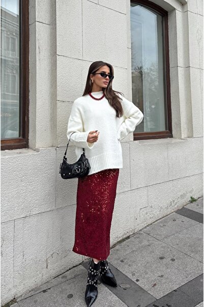 boutiquemery Bordo Pul Payet Yırtmaçlı Midi Etek