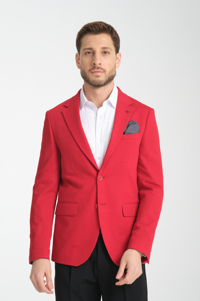Frappoli Baselna Erkek Kırmızı Esneyen Likralı Kumaşlı Tam Astarlı Slim Fit Mono Yaka Dar Kesim Blazer Ceket