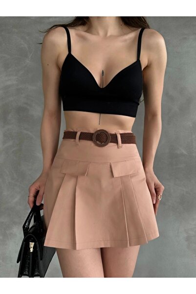 NO979 Kadın Vizon  Piliseli Kemerli Mini Şortlu Etek