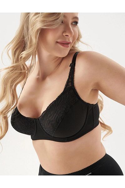 BE CURVY Γυναικείο σουτιέν Juno Underwire Black Gathering - Βαμβακερό σχέδιο με λεπτομέρεια δαντέλας C0T2N0O6