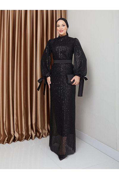 Olcay Hijab-Abendkleid mit Pailletten und Schleifendetail – SCHWARZ 1222