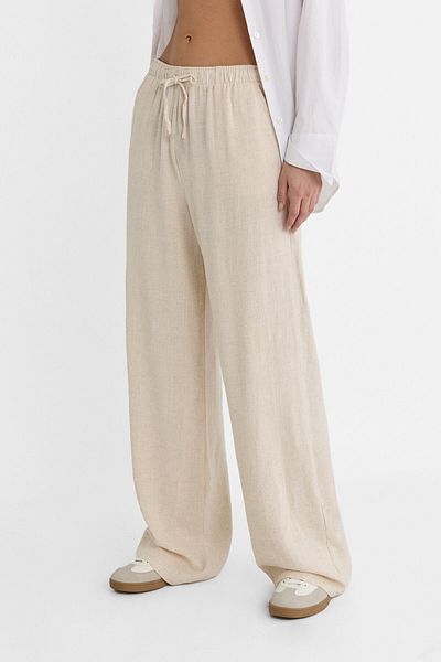 Stradivarius Keten Karışımlı Bol Kesim Ekru Pantolon