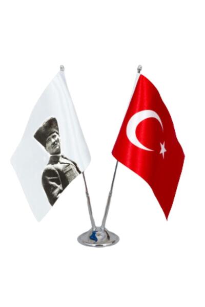 Atatürk - Türk Bayrağı 1 İkili Masa Bayrağı: Saten Kumaş ve Dijital Baskılı
