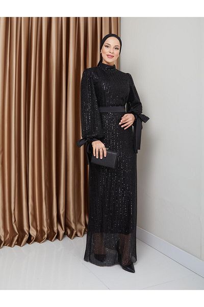 Olcay Hijab-Abendkleid mit Pailletten und Schleifendetail – SCHWARZ 1222
