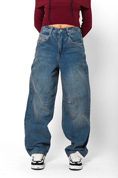 Bak Moda Blugi largi albastri - spălați și cu cataramă pentru curea