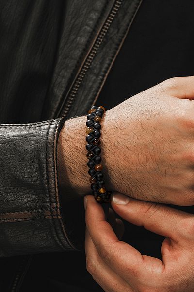 OSMANLI GÜMÜŞ Men's Natural Stone Bracelet - Tiger Eye and Onyx Natural Stone Men's Bracelet