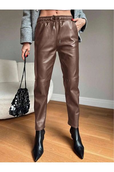 Pulli Collection Δερμάτινο καρότο παντελόνι με ελαστική μέση