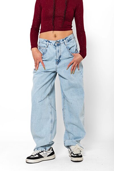 Bak Moda Blugi largi Ice Blue - Cataramă pentru curea și efect de spălare a z...