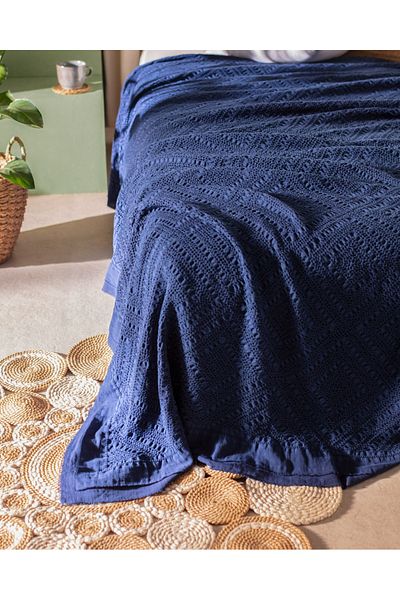 Madame Coco Eleta Single 100% Cotton Bedspread - Navy Blue