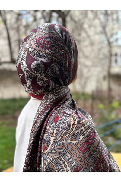 shalby Şal Hijab din bumbac cu model etnic burgundă-crem
