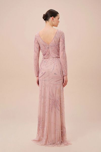 Oleg Cassini Light Pink Long Sleeve Sequin Embroidered Long Evening Dress 4Xlwgin-1226C