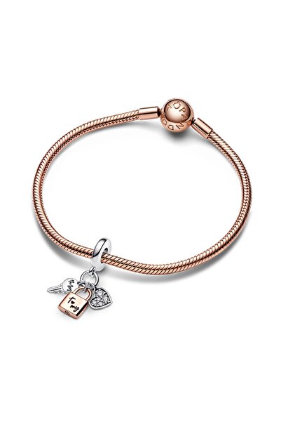Pandora İki Renkli Anahtar, Asma Kilit & Kalp Sallantılı Charm