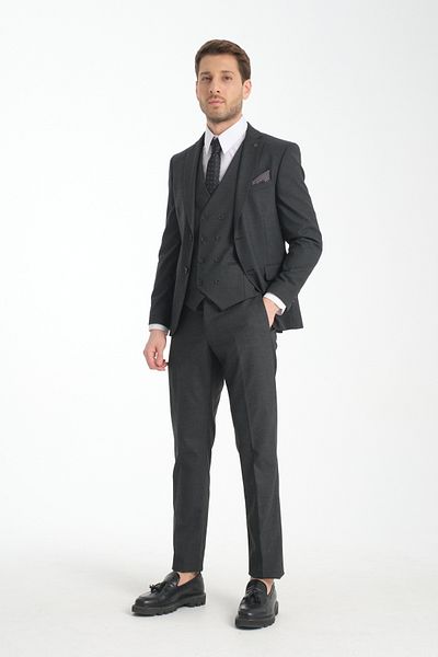 Frappoli Slim Fit Anthracite Solid Mono γιακά Κοστούμι με διπλή σχισμή