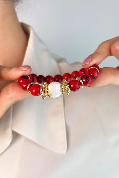 Sose Moda Red Natural Stone Coral and Pearl Bracelet