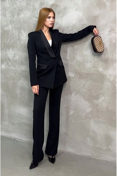 pembekurdelem Black Satin Women's Shawl Collar Jacket and Pants Set