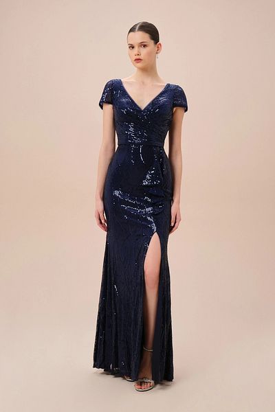 Oleg Cassini Navy Blue Short Sleeve Sequin Embroidered Long Evening Dress D40Wbm4259V1